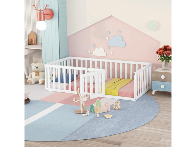 Twin Size Wood Floor Bed Frame With Fence And Door, White(Old Sku:Wf289661Aak)