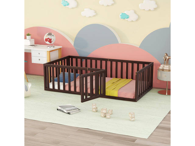 Twin Size Wood Floor Bed Frame With Fence And Door, Walnut(Old Sku:Wf289661Aal)