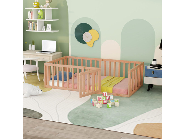 Twin Size Wood Floor Bed Frame With Fence And Door, Natural(Old Sku:Wf289661Aam)