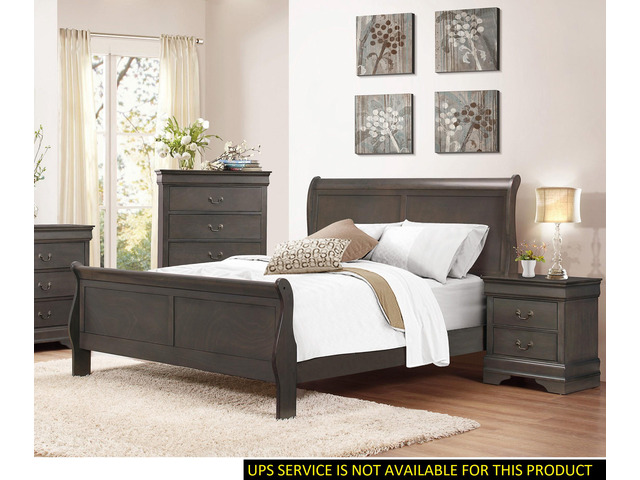 Stained Gray Finish Louis Philippe Style 1Pc Queen Size Sleigh Bed Traditional Design