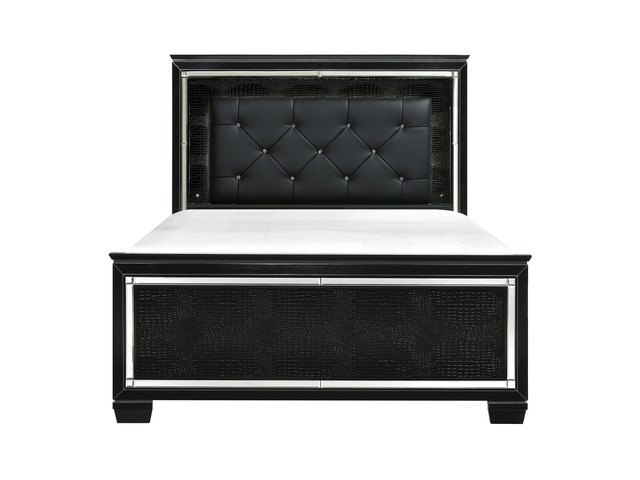 Black Finish Upholstered Button-Tufted 1Pc Queen Size Bed Led Headboard Faux Alligator Embossed Textural Panels Wooden Bed