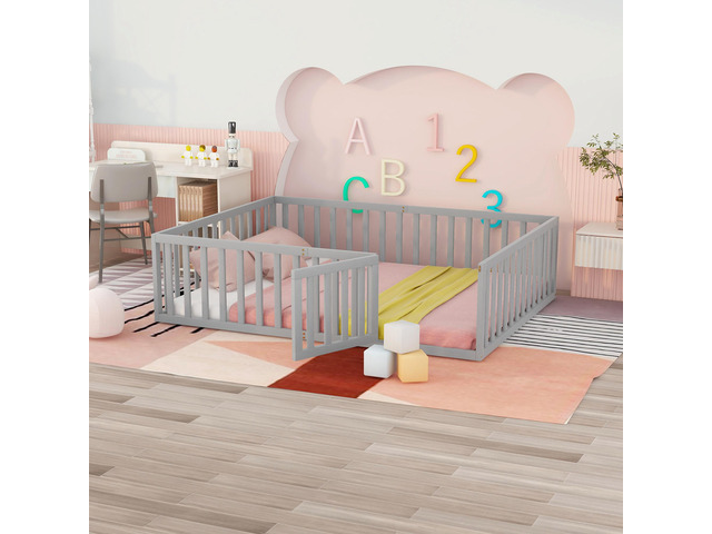 Queen Size Wood Floor Bed Frame With Fence And Door, Gray(Old Sku:Wf289663Aae)