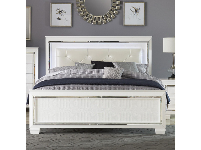 Glamorous Design Bedroom Furniture 1Pc Queen Bed Button-Tufted Led Headboard White Finish Faux Alligator Embossed Textured Panels Bed