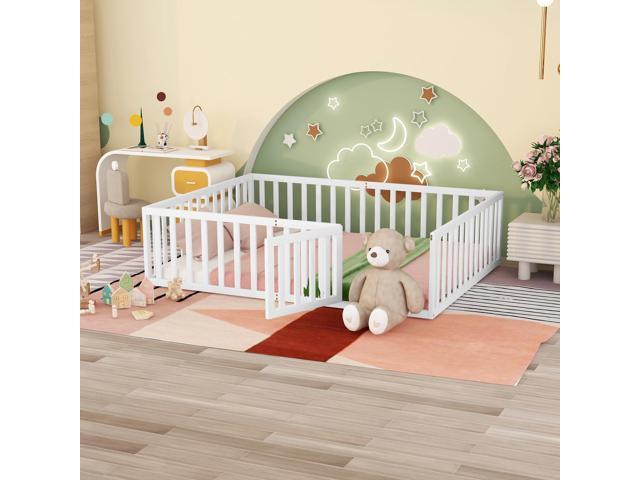 Queen Size Wood Floor Bed Frame With Fence And Door, White(Old Sku:Wf289663Aak)