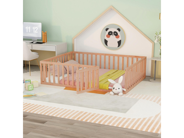 Queen Size Wood Floor Bed Frame With Fence And Door, Natural(Old Sku:Wf289663Aam)