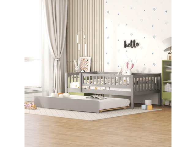 Twin Size Wood Daybed With Trundle And Fence Guardrails, Gray