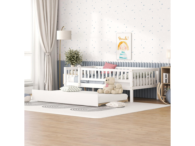 Twin Size Wood Daybed With Trundle And Fence Guardrails, White