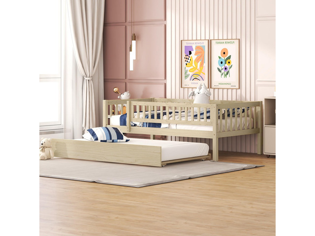 Twin Size Wood Daybed With Trundle And Fence Guardrails, Natural