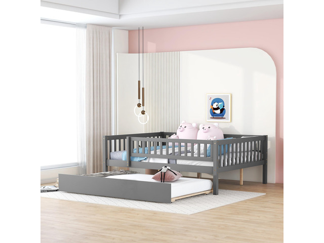Full Size Wood Daybed With Trundle And Fence Guardrails, Gray