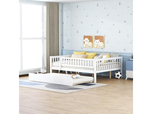Full Size Wood Daybed With Trundle And Fence Guardrails, White