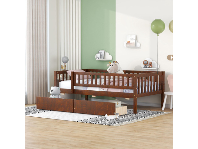 Twin Size Daybed Wood Bed With Two Drawers, Walnut