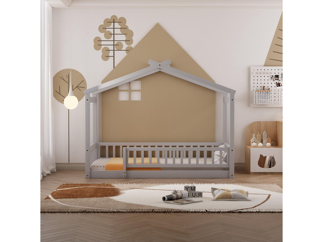 Twin Size Wood Bed House Bed Frame With Fence, For Kids, Teens, Girls, Boys, Gray