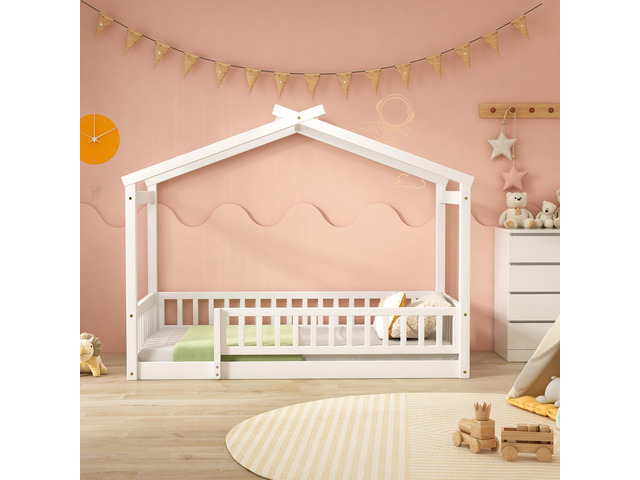 Twin Size Wood Bed House Bed Frame With Fence, For Kids, Teens, Girls, Boys,White