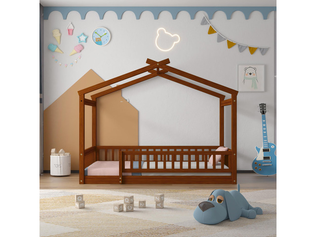 Twin Size Wood Bed House Bed Frame With Fence, For Kids, Teens, Girls, Boys, Walnut