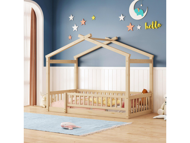 Twin Size Wood Bed House Bed Frame With Fence, For Kids, Teens, Girls, Boys,Natural