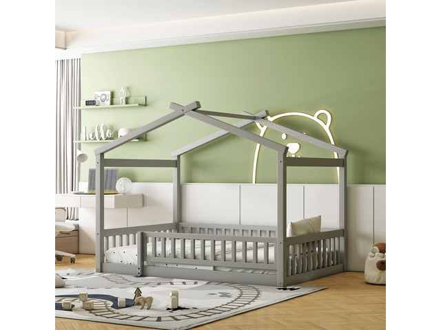 Full Size Wood Bed House Bed Frame With Fence, For Kids, Teens, Girls, Boys,Gray