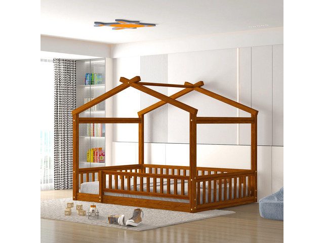 Full Size Wood Bed House Bed Frame With Fence, For Kids, Teens, Girls, Boys,Walnut