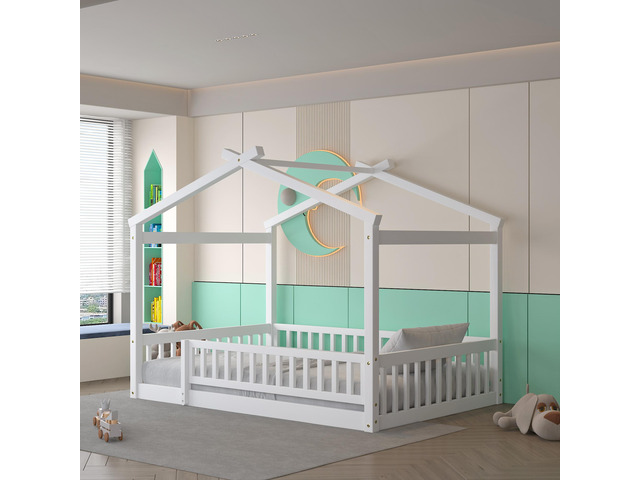 Full Size Wood Bed House Bed Frame With Fence, For Kids, Teens, Girls, Boys,White