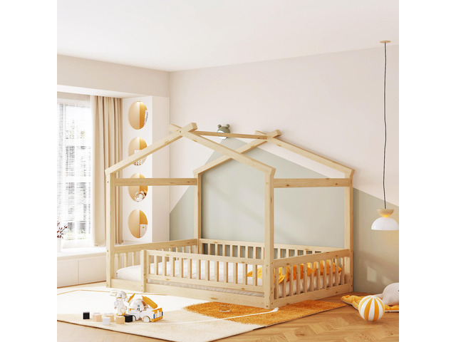 Full Size Wood Bed House Bed Frame With Fence, For Kids, Teens, Girls, Boys,Natural