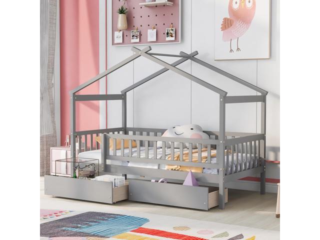 Twin Size Wooden House Bed With Two Drawers, Gray