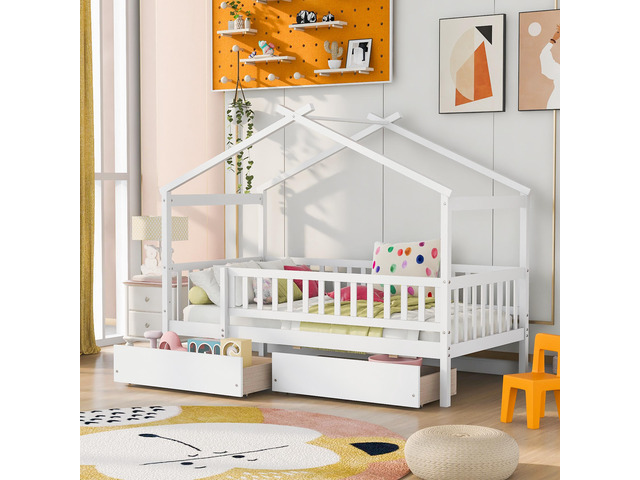 Twin Size Wooden House Bed With Two Drawers, White