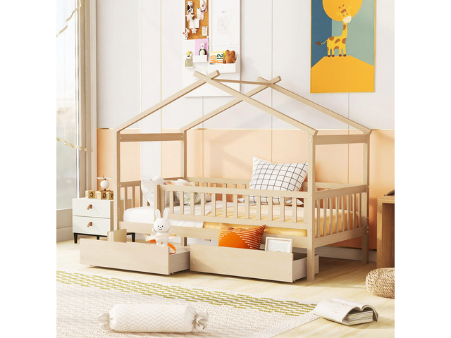 Twin Size Wooden House Bed With Two Drawers, Natural