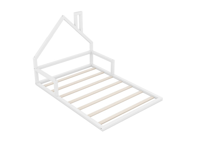 Full Size Wood Floor Bed With House-Shaped Headboard, White