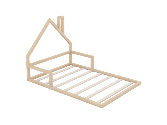 Full Size Wood Floor Bed With House-Shaped Headboard, Natural