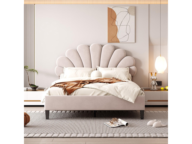 Full Size Upholstered Platform Bed With Flower Pattern Velvet Headboard, Beige