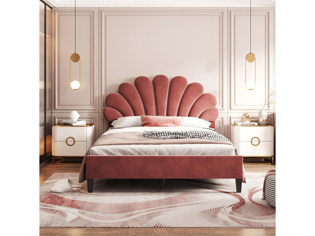 Full Size Upholstered Platform Bed With Flower Pattern Velvet Headboard, Bean Paste Red