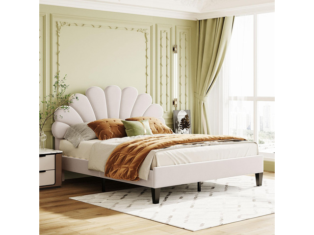 Queen Size Upholstered Platform Bed With Flower Pattern Velvet Headboard, Beige