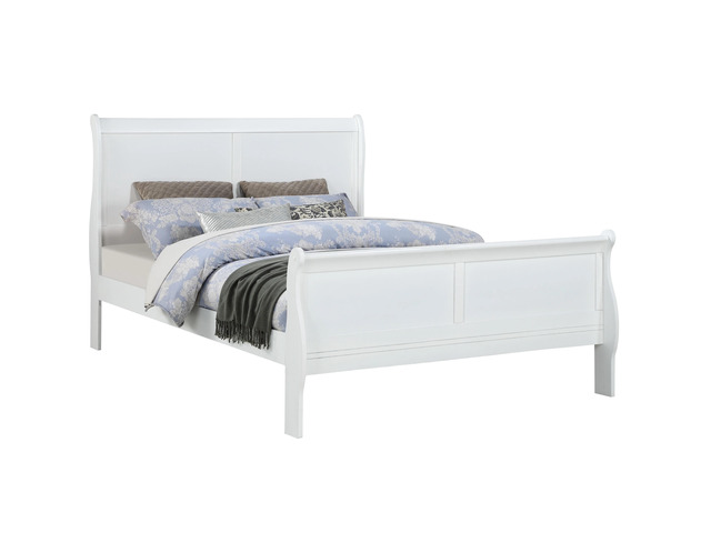 Louis Phillipe White Finish Queen Size Panel Sleigh Bed Solid Wood Wooden Bedroom Furniture