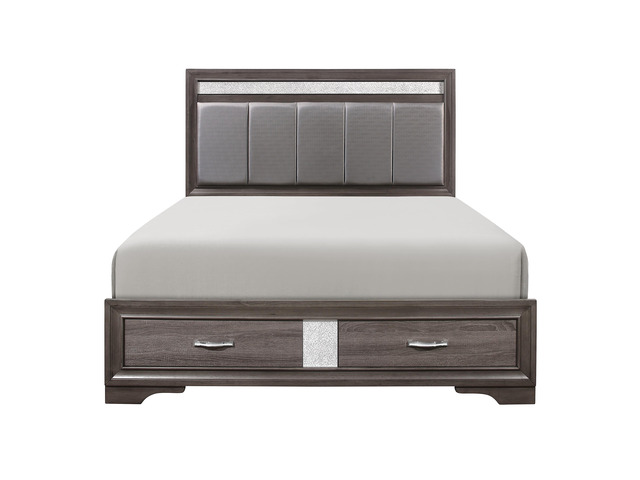 Queen Platform Bed With Footboard Drawers Upholstered Headboard, Gray And Silver Glitter, Contemporary Bedroom Furniture