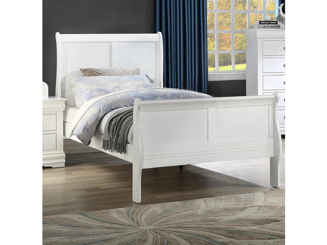 Louis Phillipe White Finish Twin Size Panel Sleigh YoutBed Solid Wood Wooden Bedroom Furniture
