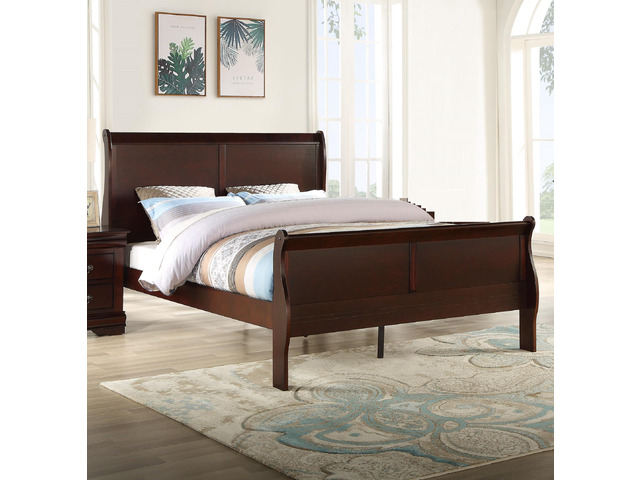 Louis Phillipe Brown Cherry Finish Full Size Panel Sleigh Bed Solid Wood Wooden Bedroom Furniture