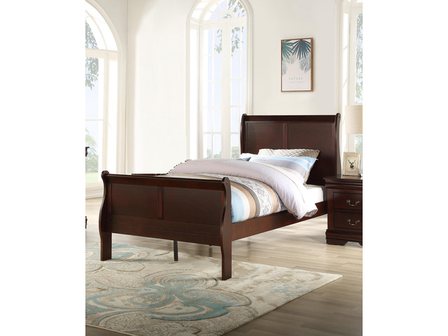 Louis Phillipe Brown Cherry Finish Twin Size Youth Panel Sleigh Bed Solid Wood Wooden Bedroom Furniture