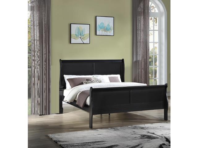 Louis Phillipe Brown Black Finish Full Size Panel Sleigh Bed Solid Wood Wooden Bedroom Furniture