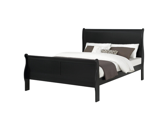 Louis Phillipe Black Finish Queen Size Panel Sleigh Bed Solid Wood Wooden Bedroom Furniture