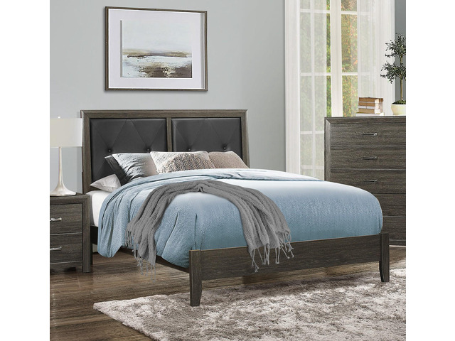 Contemporary Design Dark Gray Finish Queen Bed 1Pc Button-Tufted Faux Leather Upholstered Headboard Wooden Bedroom Furniture