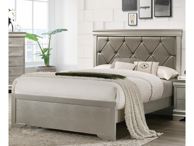 Modern 1Pc Beige Champagne Finish Queen Size Panel Bed Wooden Crocodile Texture Pu Upholstered Headboard Crystal-Like Button Tufted Fabric Bedroom...