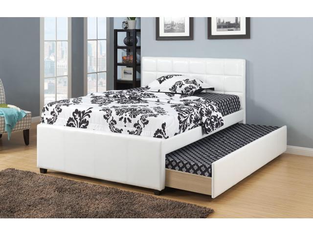 Twin Size Bed W/ Trundle Slats White Faux Leather Upholstered Plywood Kids Youth Bedroom Furniture Wooden Slats 1Pc Bed