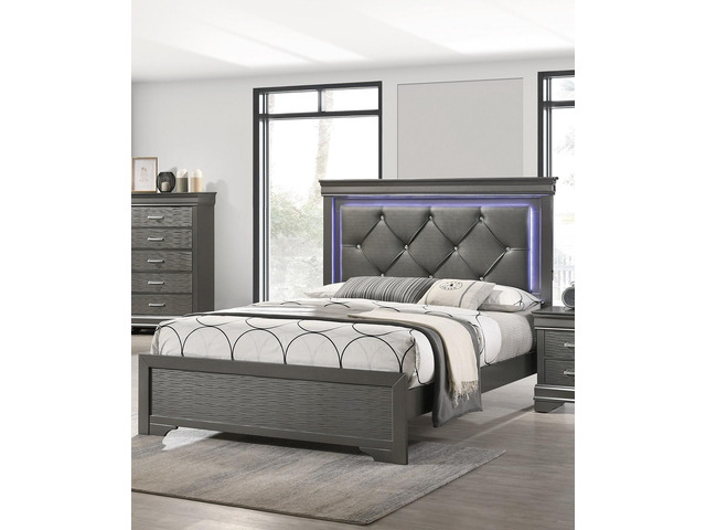Dark Gray Faux Leather Tufted Headboard 1pc Queen Size Bed w LED Bedroom Furniture Gray Unique Texture FB Solid wood