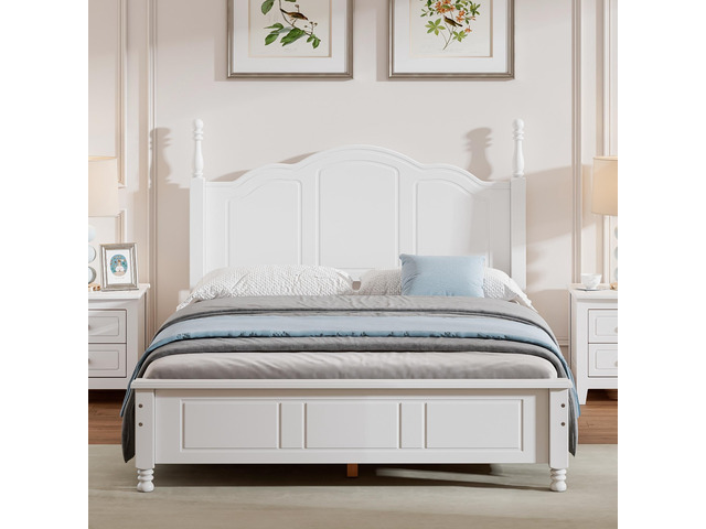 Full Size Wood Platform Bed Frame,Retro Style Platform Bed With Wooden Slat Support,White