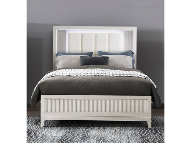 Antique White Finish Queen Bed With Led Headboard Upholstered Cushion Modern Bedroom Furniture 1Pc, Reeded Fronts