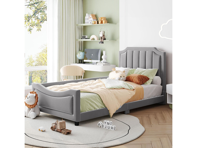 Twin Size Upholstered Daybed With Classic Stripe Shaped Headboard, Gray