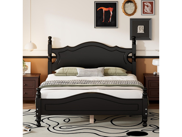 Full Size Wood Platform Bed Frame,Retro Style Platform Bed With Wooden Slat Support,Black