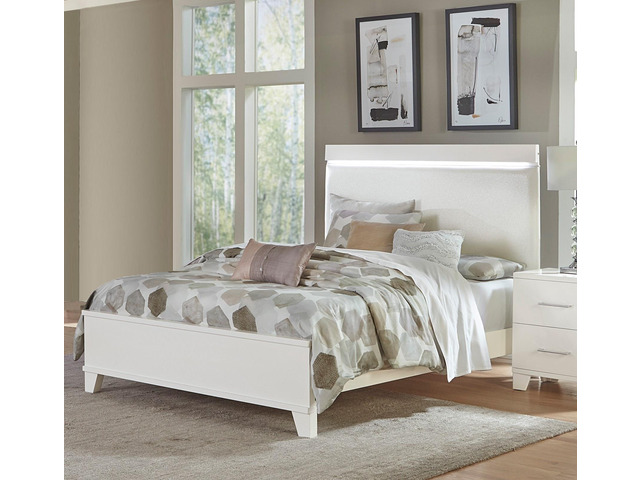 White High Gloss Finish Modern Full Bed 1Pc Led Light Headboard Faux Leather Upholstered Wooden Furniture