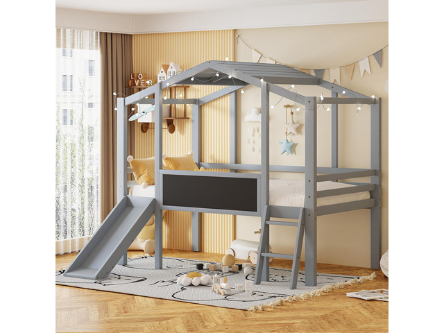 Twin Size Loft Bed With Ladder And Slide, House Bed With Blackboard And Light Strip On The Roof, Gray