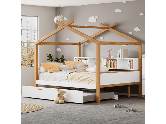 White Full Size Wooden House Bed With Original Wood Colored Frame Twin Size Trundle And Bookshelf Storage Space For Children Or Guest Room
