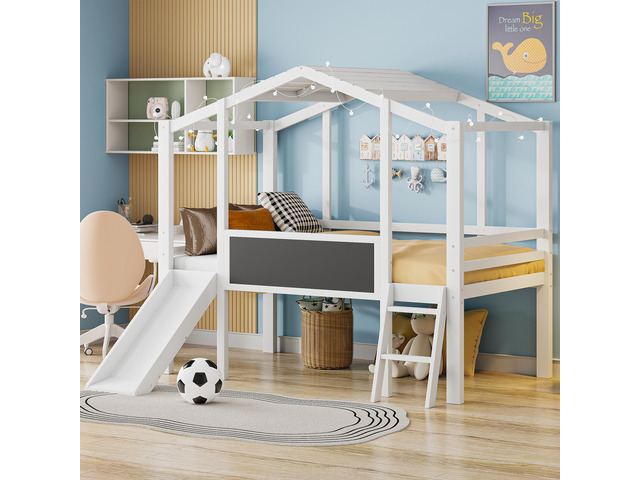 Twin Size Loft Bed With Ladder And Slide, House Bed With Blackboard And Light Strip On The Roof, White